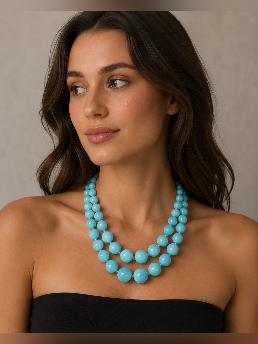 Vtg Blue Lucite Bead Double Strand Necklace Mod 80s Glam Mrs Roper Statement